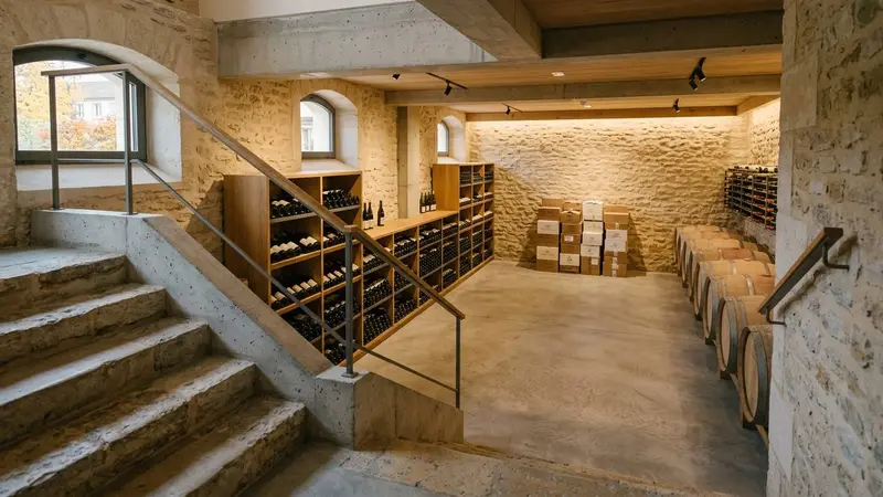 Cave française contemporaine en pierre claire avec sol en béton lisse vue depuis l'escalier avec quelques cartons empilés au fond en début de matinée d'automne, ambiance sobre lumière artificielle douce documentaire aucun humain ni animal visible plan large horizontal