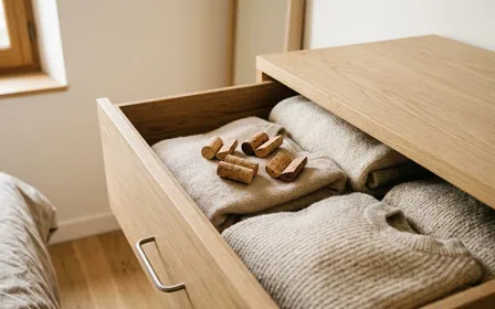 Tiroir de commode française contemporaine en bois clair ouvert avec pulls en lainage clair pliés et cinq bouchons de liège coupés en deux disposés sur les vêtements en début de matinée d'automne, ambiance sobre lumière naturelle documentaire aucun humain ni insecte visible plan macro rapproché