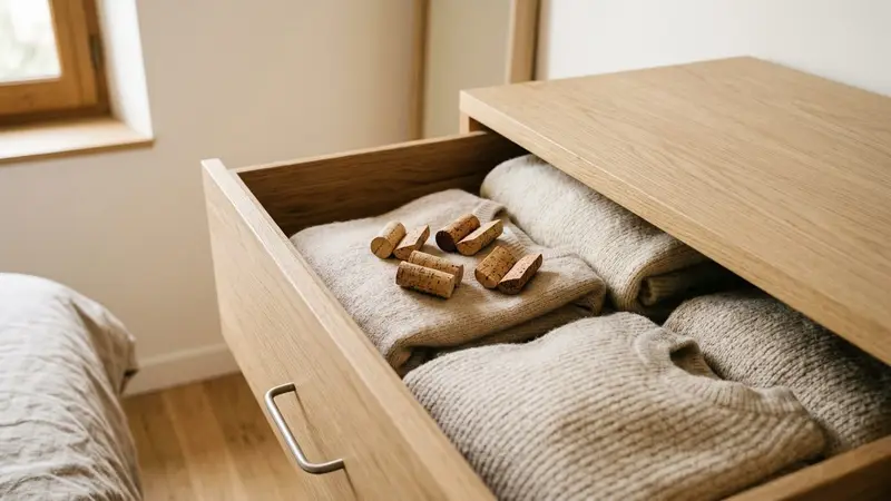 Tiroir de commode française contemporaine en bois clair ouvert avec pulls en lainage clair pliés et cinq bouchons de liège coupés en deux disposés sur les vêtements en début de matinée d'automne, ambiance sobre lumière naturelle documentaire aucun humain ni insecte visible plan macro rapproché