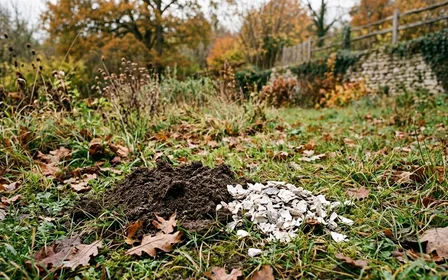 Coin de pelouse française d'automne avec petite butte de terre fraîche d'une taupinière et petit tas de coquilles d'huîtres broyées blanches déposées à côté sur le sol en fin de matinée d'automne, ambiance sobre lumière naturelle documentaire aucun humain ni animal visible plan macro rapproché