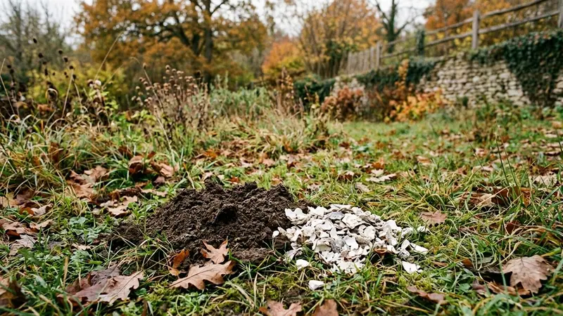 Coin de pelouse française d'automne avec petite butte de terre fraîche d'une taupinière et petit tas de coquilles d'huîtres broyées blanches déposées à côté sur le sol en fin de matinée d'automne, ambiance sobre lumière naturelle documentaire aucun humain ni animal visible plan macro rapproché