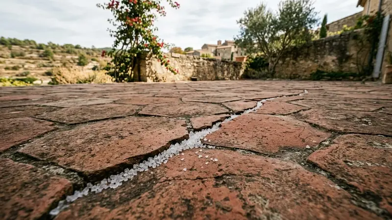 Carrelage français ancien en tomettes rouges sur une terrasse méditerranéenne avec fine ligne de gros sel translucide déposée le long d'une fissure entre deux carreaux en fin de matinée d'automne, ambiance sobre lumière naturelle documentaire aucun humain ni insecte visible plan macro rapproché