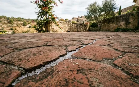 Carrelage français ancien en tomettes rouges sur une terrasse méditerranéenne avec fine ligne de gros sel translucide déposée le long d'une fissure entre deux carreaux en fin de matinée d'automne, ambiance sobre lumière naturelle documentaire aucun humain ni insecte visible plan macro rapproché