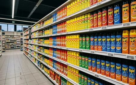 Rayon insecticides d'un supermarché français contemporain avec produits en aérosols colorés alignés sur des étagères blanches sous éclairage LED en fin d'après-midi, ambiance sobre lumière artificielle documentaire aucun humain visible plan large horizontal