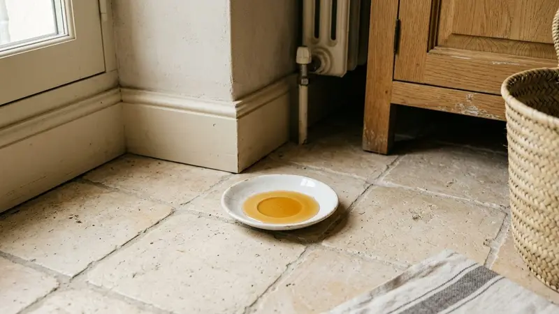 Coin de cuisine française contemporaine en carrelage clair avec petite soucoupe en porcelaine blanche contenant un liquide doré translucide de miel dilué posée au sol près d'une plinthe en début de matinée d'automne, ambiance sobre lumière naturelle documentaire aucun humain ni insecte visible plan macro rapproché