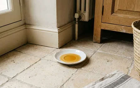 Coin de cuisine française contemporaine en carrelage clair avec petite soucoupe en porcelaine blanche contenant un liquide doré translucide de miel dilué posée au sol près d'une plinthe en début de matinée d'automne, ambiance sobre lumière naturelle documentaire aucun humain ni insecte visible plan macro rapproché