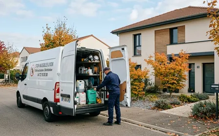 Camionnette blanche d'entreprise de désinsectisation garée devant un pavillon français contemporain avec matériel professionnel visible à l'arrière ouverte en fin de matinée d'automne, ambiance sobre lumière naturelle documentaire aucun humain visible plan large horizontal