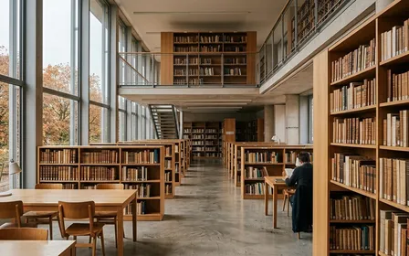 Bibliothèque française contemporaine avec étagères en bois clair rangées de livres reliés bruns et beiges alignés sur trois étages en fin de matinée d'automne, ambiance sobre lumière naturelle documentaire aucun humain ni insecte visible plan large horizontal