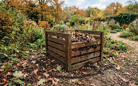 Composteur en bois brun clair dans un jardin français d'automne avec fines lignes de grains de poivre noir dispersés au sol autour du composteur en fin de matinée d'automne, ambiance sobre lumière naturelle documentaire aucun humain ni animal visible plan macro rapproché horizontal