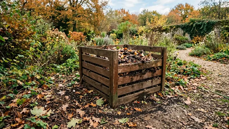Composteur en bois brun clair dans un jardin français d'automne avec fines lignes de grains de poivre noir dispersés au sol autour du composteur en fin de matinée d'automne, ambiance sobre lumière naturelle documentaire aucun humain ni animal visible plan macro rapproché horizontal
