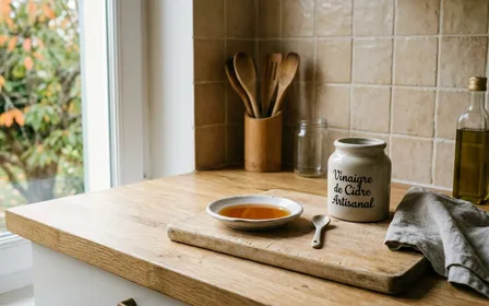 Coin de cuisine française contemporaine en carrelage clair avec petite soucoupe en porcelaine blanche contenant un liquide translucide brun clair de vinaigre de cidre sur un plan de travail en bois clair en fin de matinée d'automne, ambiance sobre lumière naturelle documentaire aucun humain ni insecte visible plan macro rapproché