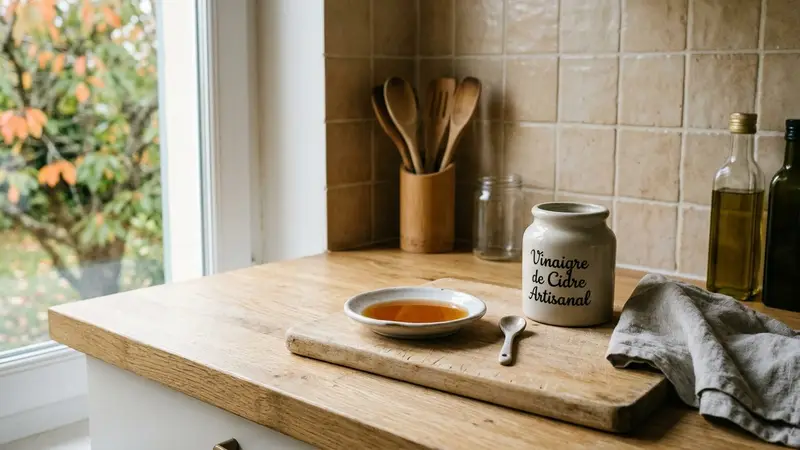 Coin de cuisine française contemporaine en carrelage clair avec petite soucoupe en porcelaine blanche contenant un liquide translucide brun clair de vinaigre de cidre sur un plan de travail en bois clair en fin de matinée d'automne, ambiance sobre lumière naturelle documentaire aucun humain ni insecte visible plan macro rapproché