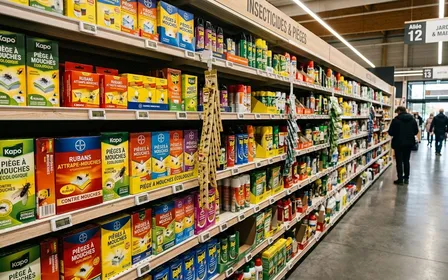 Rayon insecticides et pièges d'un supermarché français contemporain avec pièges à mouches en boîtes colorées et rubans collants alignés sur des étagères blanches sous éclairage LED en fin d'après-midi, ambiance sobre lumière artificielle documentaire aucun humain visible plan large horizontal