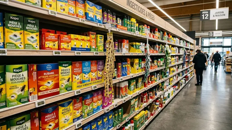 Rayon insecticides et pièges d'un supermarché français contemporain avec pièges à mouches en boîtes colorées et rubans collants alignés sur des étagères blanches sous éclairage LED en fin d'après-midi, ambiance sobre lumière artificielle documentaire aucun humain visible plan large horizontal