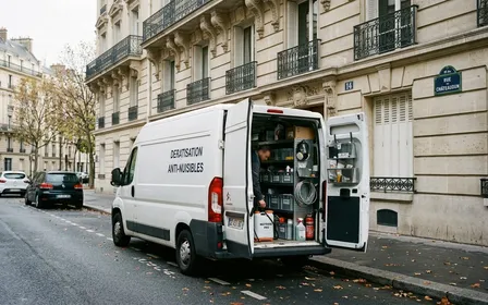 Camionnette blanche d'entreprise de dératisation garée devant un immeuble haussmannien parisien avec matériel professionnel visible à l'arrière ouverte en fin de matinée d'automne, ambiance sobre lumière naturelle documentaire aucun humain visible plan large horizontal