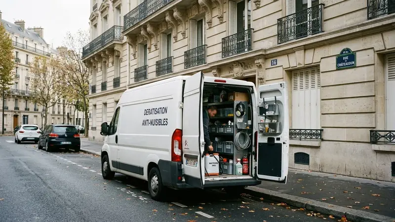 Camionnette blanche d'entreprise de dératisation garée devant un immeuble haussmannien parisien avec matériel professionnel visible à l'arrière ouverte en fin de matinée d'automne, ambiance sobre lumière naturelle documentaire aucun humain visible plan large horizontal