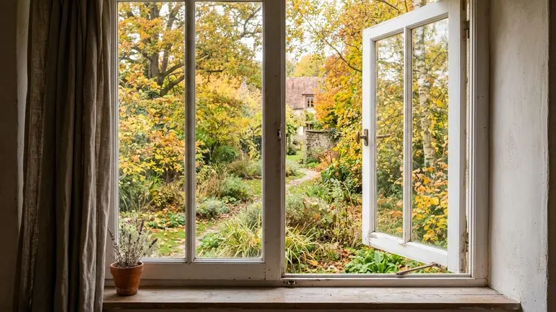 Fenêtre française contemporaine en bois clair peint blanc entrouverte donnant sur un jardin d'automne aux feuilles jaunies en fin de matinée d'octobre, ambiance sobre lumière naturelle documentaire aucun humain ni insecte visible plan large horizontal