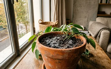 Salon français contemporain avec pot en terre cuite orangée contenant une plante verte d'intérieur et fine couche de cendre grise saupoudrée sur le terreau en début de matinée d'automne, ambiance sobre lumière naturelle documentaire aucun humain ni insecte visible plan macro rapproché