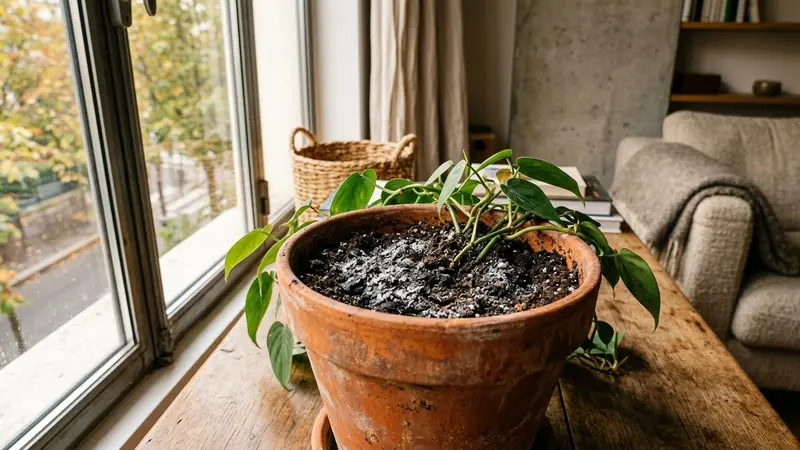 Salon français contemporain avec pot en terre cuite orangée contenant une plante verte d'intérieur et fine couche de cendre grise saupoudrée sur le terreau en début de matinée d'automne, ambiance sobre lumière naturelle documentaire aucun humain ni insecte visible plan macro rapproché