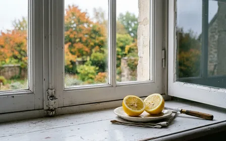 Fenêtre française contemporaine en bois clair peint blanc avec citron jaune coupé en deux posé sur le rebord intérieur en début de matinée d'automne, ambiance sobre lumière naturelle documentaire aucun humain ni insecte visible plan macro rapproché