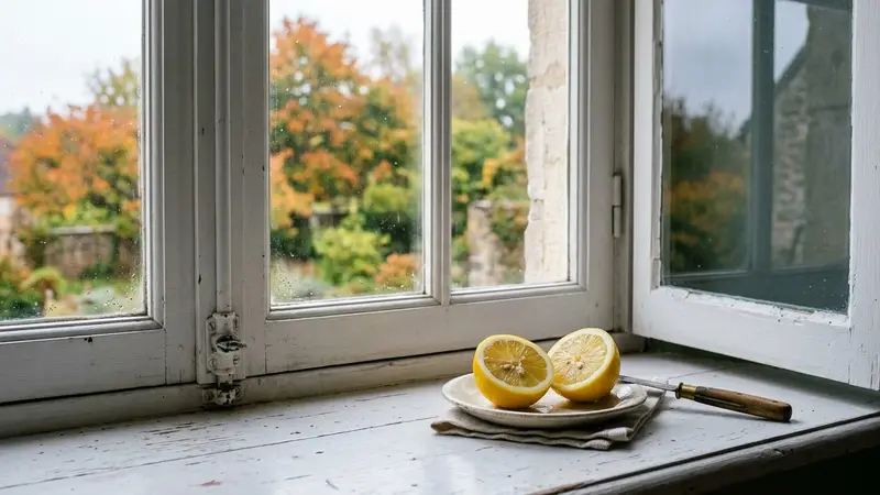 Fenêtre française contemporaine en bois clair peint blanc avec citron jaune coupé en deux posé sur le rebord intérieur en début de matinée d'automne, ambiance sobre lumière naturelle documentaire aucun humain ni insecte visible plan macro rapproché