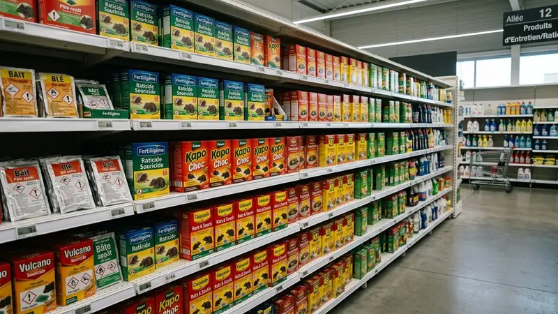 Rayon raticides d'un supermarché français contemporain avec produits en boîtes colorées et sachets alignés sur des étagères blanches sous éclairage LED en fin d'après-midi, ambiance sobre lumière artificielle documentaire aucun humain visible plan large horizontal