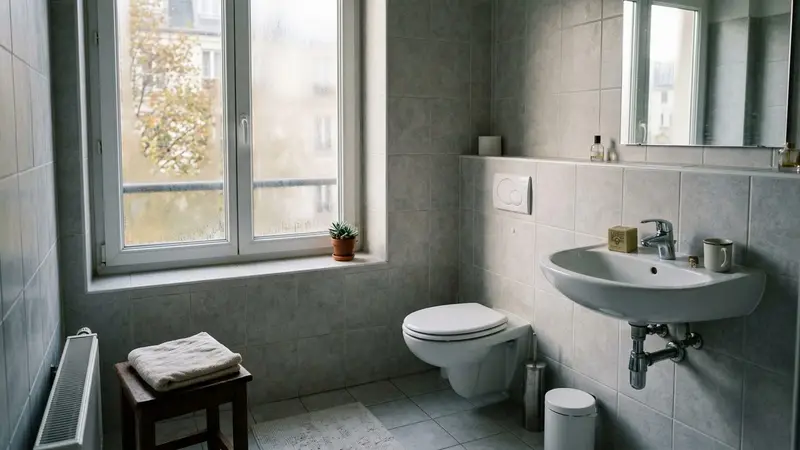 Salle de bains française contemporaine en carrelage clair avec cuvette de WC blanche propre et couvercle rabattu en début de matinée d'automne, ambiance sobre lumière naturelle documentaire aucun humain ni animal visible plan large horizontal