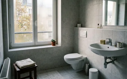 Salle de bains française contemporaine en carrelage clair avec cuvette de WC blanche propre et couvercle rabattu en début de matinée d'automne, ambiance sobre lumière naturelle documentaire aucun humain ni animal visible plan large horizontal