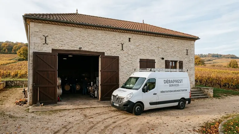 Cave française contemporaine en pierre claire avec camion blanc d'entreprise de dératisation garé devant une porte de garage ouverte en fin de matinée d'automne, ambiance sobre lumière naturelle documentaire aucun humain visible plan large horizontal
