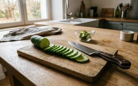 Plan de travail français en bois clair en cuisine contemporaine avec tranches de concombre vert clair fraîchement coupées disposées en ligne près d'un couteau de cuisine en fin de matinée d'automne, ambiance sobre lumière naturelle documentaire aucun humain ni insecte visible plan macro rapproché