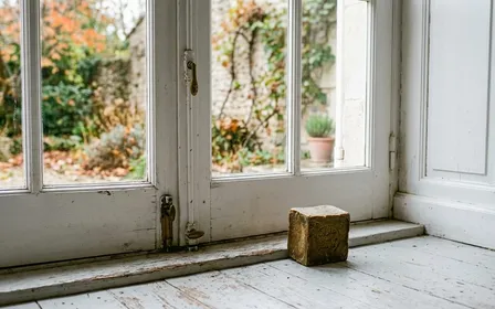 Cadre de porte française contemporaine en bois clair peint blanc avec cube de savon d'Alep vert brun traditionnel posé sur le seuil intérieur en fin de matinée d'automne, ambiance sobre lumière naturelle documentaire aucun humain ni insecte visible plan macro rapproché