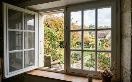 Fenêtre française contemporaine en bois clair peint blanc avec moustiquaire adhésive blanche installée sur le montant intérieur en fin de matinée d'automne, ambiance sobre lumière naturelle documentaire aucun humain ni insecte visible plan large horizontal
