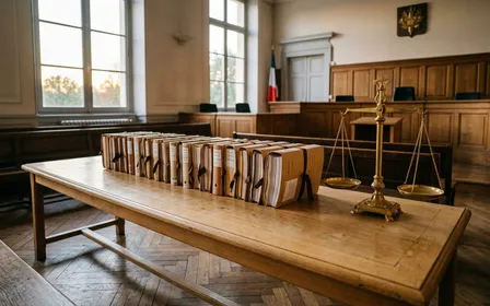 Bureau de tribunal judiciaire français contemporain avec dossiers papier alignés sur une table en bois clair et balance de justice dorée posée à côté en fin d'après-midi, ambiance sobre lumière naturelle documentaire aucun humain visible plan large horizontal