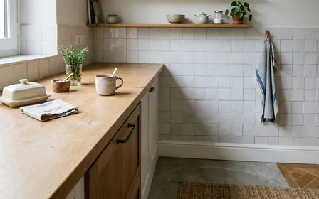 Coin de cuisine française contemporaine en carrelage clair avec plinthe blanche propre et plan de travail en bois clair en début de matinée d'automne, ambiance sobre lumière naturelle documentaire aucun humain ni insecte visible plan macro rapproché