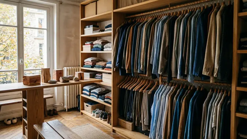Dressing familial français contemporain en bois clair avec penderie ouverte laissant voir vêtements accrochés sur cintres et pierres de cèdre disposées sur étagère en début d'après-midi d'automne, ambiance sobre lumière naturelle documentaire aucun humain ni insecte visible plan large horizontal