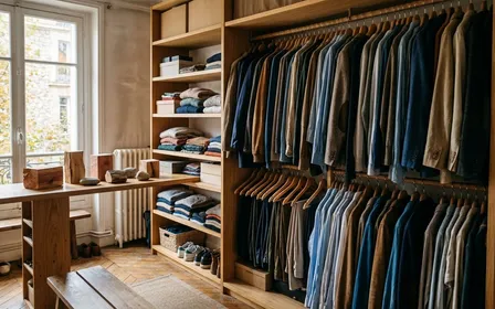 Dressing familial français contemporain en bois clair avec penderie ouverte laissant voir vêtements accrochés sur cintres et pierres de cèdre disposées sur étagère en début d'après-midi d'automne, ambiance sobre lumière naturelle documentaire aucun humain ni insecte visible plan large horizontal