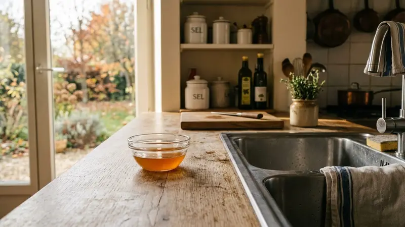 Cuisine française contemporaine avec évier en inox et bol en verre transparent contenant du vinaigre de cidre disposé sur le plan de travail en bois clair en fin d'après-midi d'automne, ambiance sobre lumière naturelle documentaire aucun humain ni insecte visible plan macro rapproché