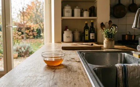 Cuisine française contemporaine avec évier en inox et bol en verre transparent contenant du vinaigre de cidre disposé sur le plan de travail en bois clair en fin d'après-midi d'automne, ambiance sobre lumière naturelle documentaire aucun humain ni insecte visible plan macro rapproché