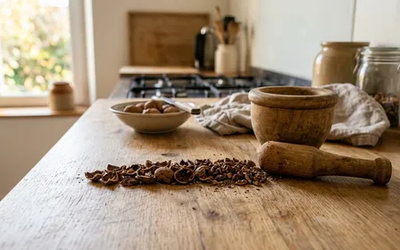 Plan de travail français en bois clair en cuisine contemporaine avec petit tas de coques de noix broyées brunes disposées en ligne près d'un pilon en bois en début d'après-midi d'automne, ambiance sobre lumière naturelle documentaire aucun humain ni insecte visible plan macro rapproché
