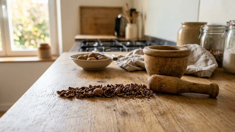 Plan de travail français en bois clair en cuisine contemporaine avec petit tas de coques de noix broyées brunes disposées en ligne près d'un pilon en bois en début d'après-midi d'automne, ambiance sobre lumière naturelle documentaire aucun humain ni insecte visible plan macro rapproché
