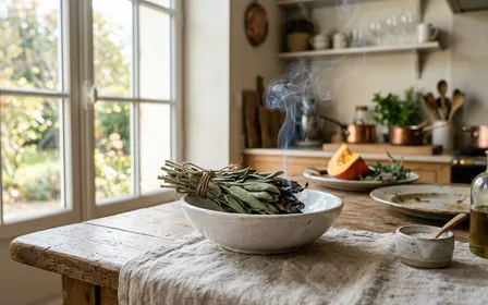Cuisine française contemporaine avec bouquet de sauge séchée grise verdâtre dans un coupelle en céramique blanche en train de fumer légèrement sur une table en bois clair en fin de matinée d'automne, ambiance sobre lumière naturelle documentaire aucun humain ni insecte visible plan macro rapproché