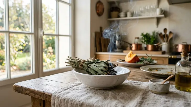 Cuisine française contemporaine avec bouquet de sauge séchée grise verdâtre dans un coupelle en céramique blanche en train de fumer légèrement sur une table en bois clair en fin de matinée d'automne, ambiance sobre lumière naturelle documentaire aucun humain ni insecte visible plan macro rapproché