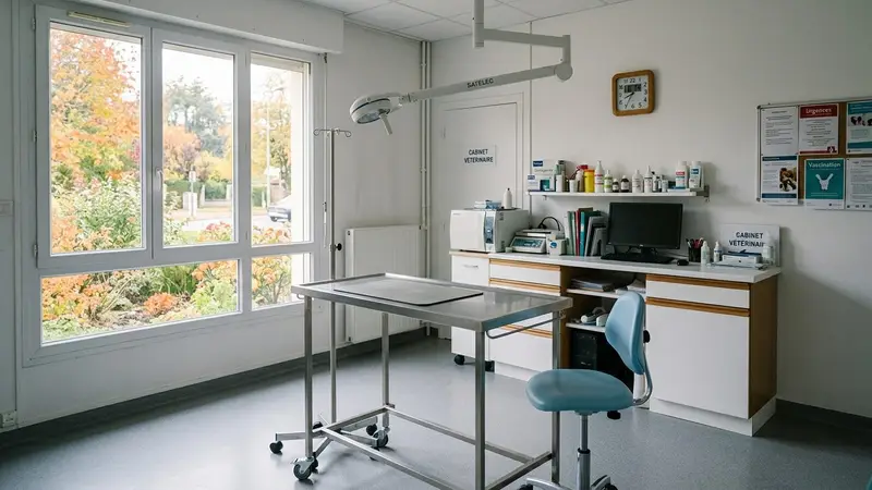Cabinet vétérinaire français contemporain avec table d'examen en inox et fauteuil médical bleu clair rangés en début de matinée d'automne, ambiance sobre lumière naturelle documentaire aucun humain ni animal visible plan large horizontal