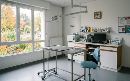 Cabinet vétérinaire français contemporain avec table d'examen en inox et fauteuil médical bleu clair rangés en début de matinée d'automne, ambiance sobre lumière naturelle documentaire aucun humain ni animal visible plan large horizontal