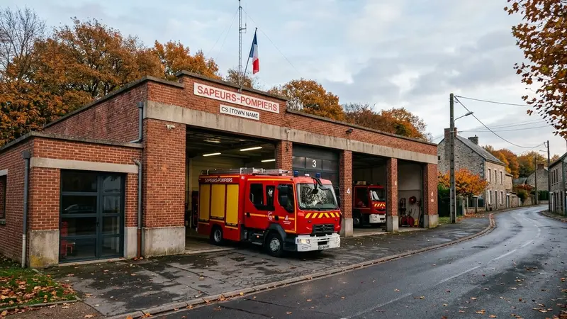 Caserne de pompiers française contemporaine en briques rouges avec camion rouge d'intervention garé devant la porte de garage ouverte en fin d'après-midi d'automne, ambiance sobre lumière naturelle documentaire aucun humain visible plan large horizontal