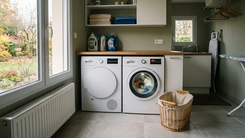 Buanderie française contemporaine avec lave-linge blanc en marche et panier à linge vide posé à côté en début d'après-midi d'automne, ambiance sobre lumière naturelle documentaire aucun humain ni insecte visible plan large horizontal