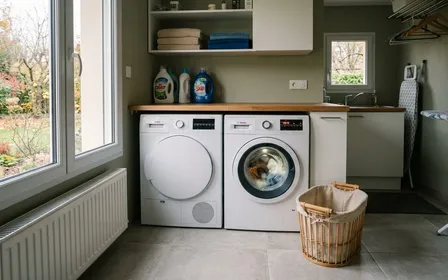 Buanderie française contemporaine avec lave-linge blanc en marche et panier à linge vide posé à côté en début d'après-midi d'automne, ambiance sobre lumière naturelle documentaire aucun humain ni insecte visible plan large horizontal