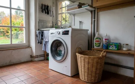 Buanderie française contemporaine avec lave-linge blanc en marche et panier à linge vide posé à côté en début de matinée d'automne, ambiance sobre lumière naturelle documentaire aucun humain ni insecte visible plan large horizontal