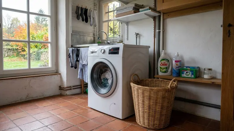 Buanderie française contemporaine avec lave-linge blanc en marche et panier à linge vide posé à côté en début de matinée d'automne, ambiance sobre lumière naturelle documentaire aucun humain ni insecte visible plan large horizontal