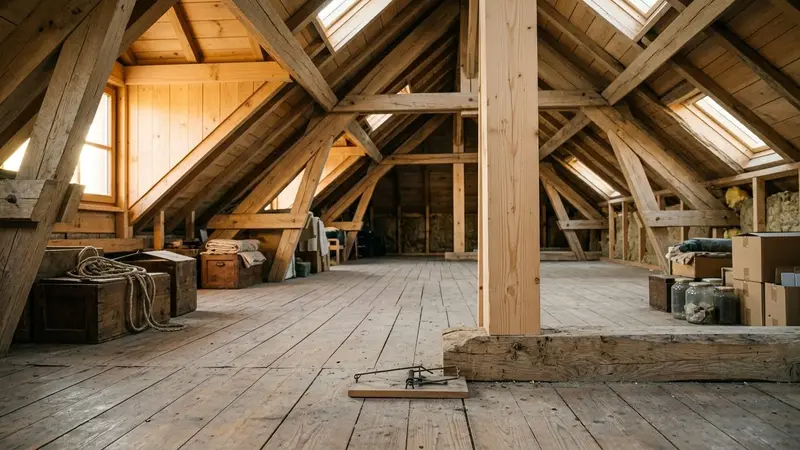 Grenier français contemporain en bois clair avec charpente apparente et piège à souris mécanique métallique posé au sol près d'une poutre en fin d'après-midi d'automne, ambiance sobre lumière naturelle documentaire aucun humain ni rongeur visible plan large horizontal